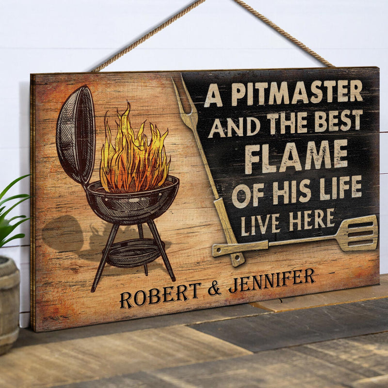 Personalized Grilling Couple Pitmaster Customized Wood Rectangle Sign