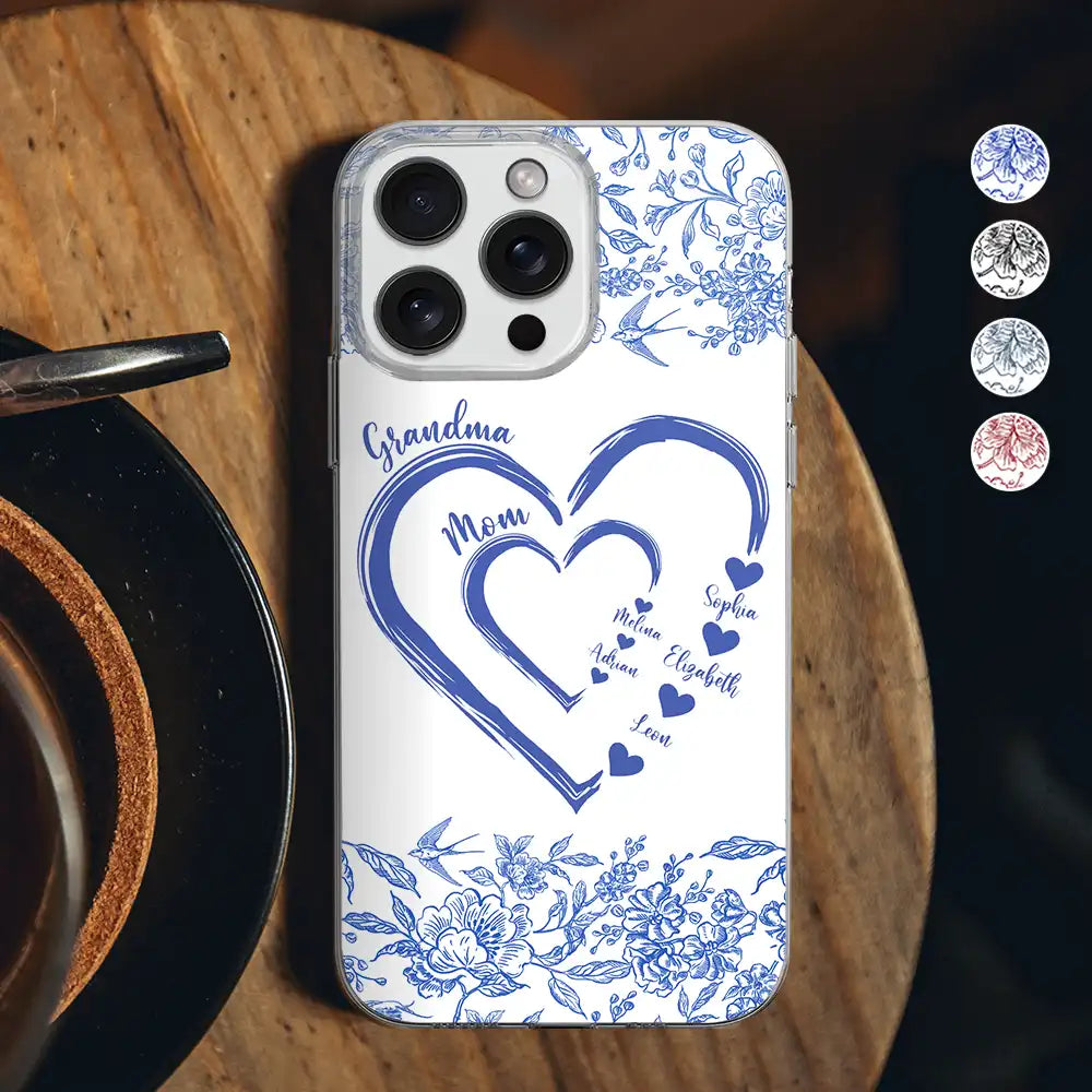 Gift For Grandma,Gift For Mother,Happy - Mom Grandma Heart We Love You Toile De Jouy Pattern - Personalized Clear Phone Case