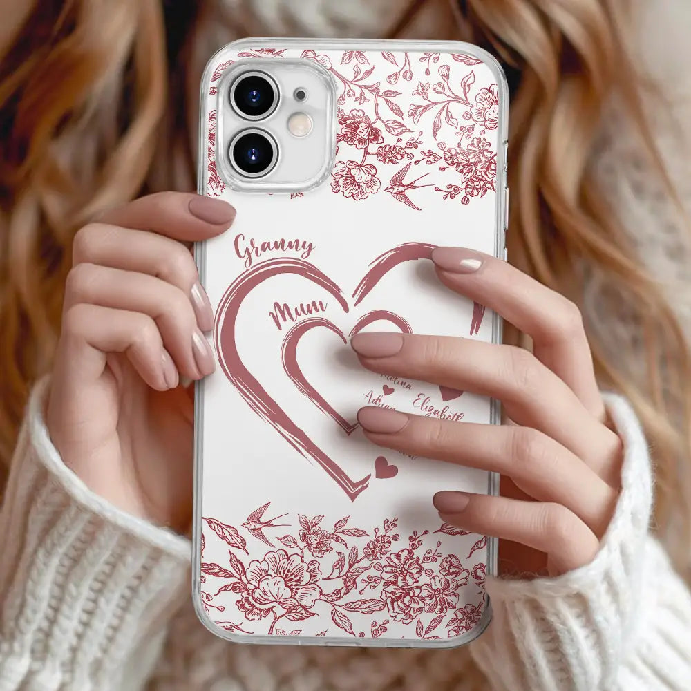 Gift For Grandma,Gift For Mother,Happy - Mom Grandma Heart We Love You Toile De Jouy Pattern - Personalized Clear Phone Case