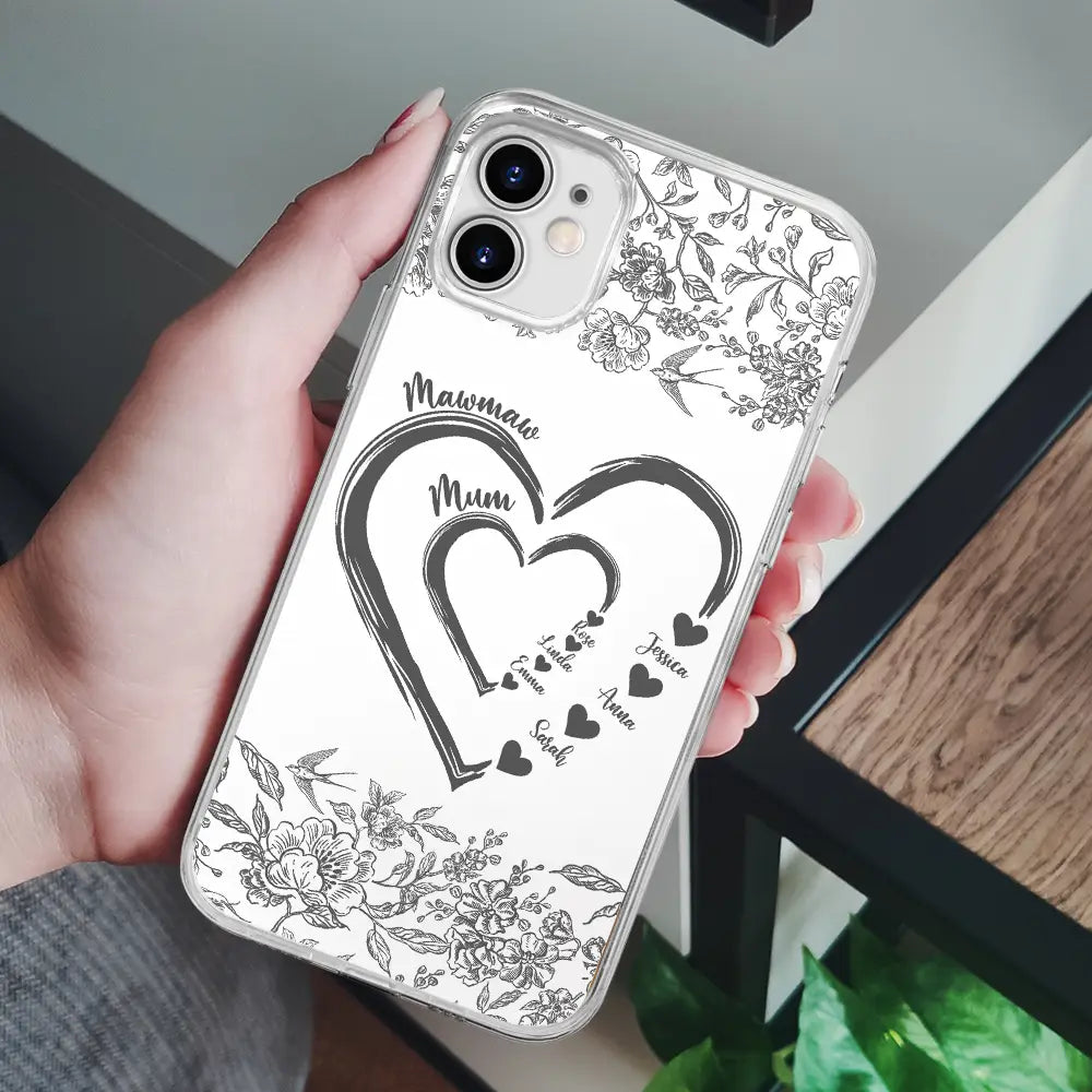 Gift For Grandma,Gift For Mother,Happy - Mom Grandma Heart We Love You Toile De Jouy Pattern - Personalized Clear Phone Case