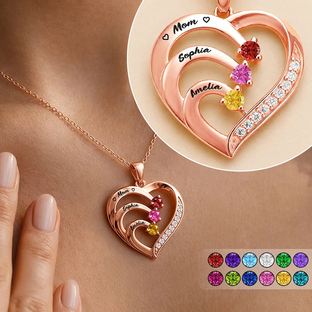 Mom Daughters Custom Name Gemstones Jewelry - Personalized Birthstone Heart Necklace