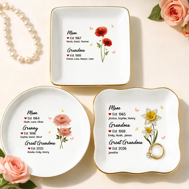 Gift For Women,Mom,Daughters (Adult),Gift For Mother,Gift For Grandpa - Mom Grandma Great Grandma Birth Month Flower - Personalized Ring Dish
