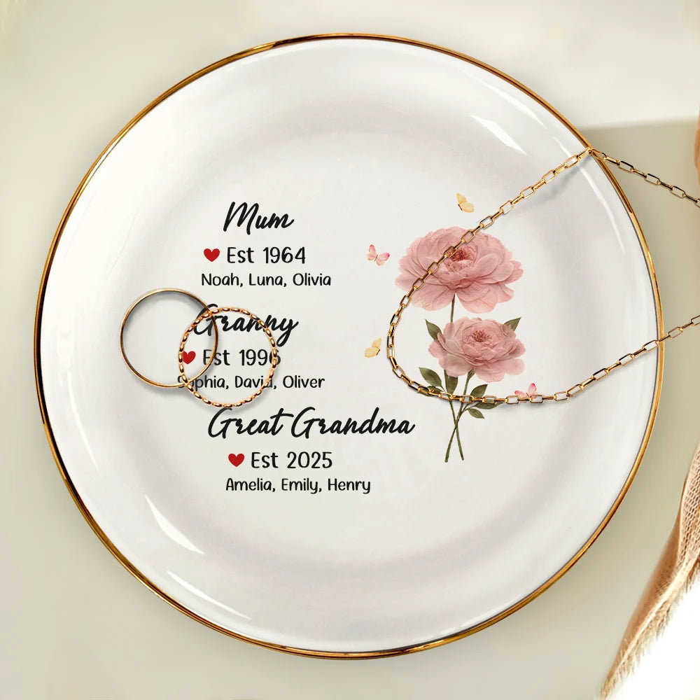 Gift For Women,Mom,Daughters (Adult),Gift For Mother,Gift For Grandpa - Mom Grandma Great Grandma Birth Month Flower - Personalized Ring Dish