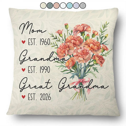 Mom Grandma Great Grandma Watercolor Birth Flower - Personalized Pillow