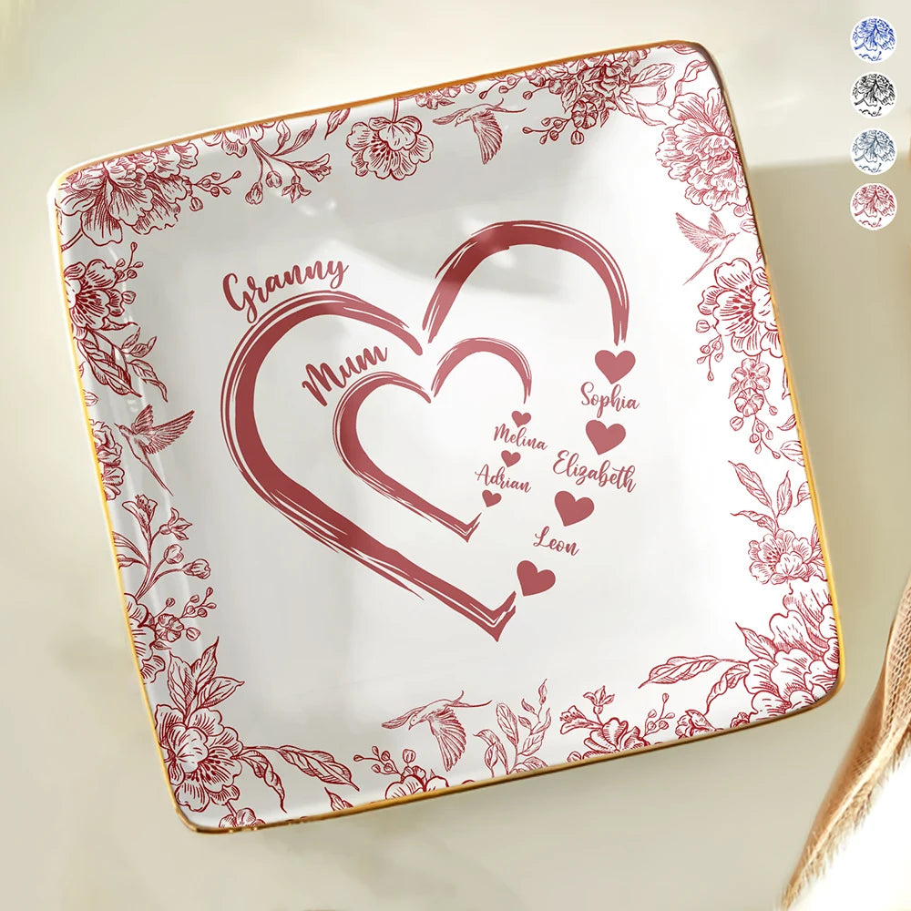 Mom Grandma Heart We Love You Toile De Jouy Pattern - Personalized Ring Dish