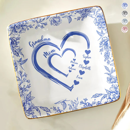 Mom Grandma Heart We Love You Toile De Jouy Pattern - Personalized Ring Dish