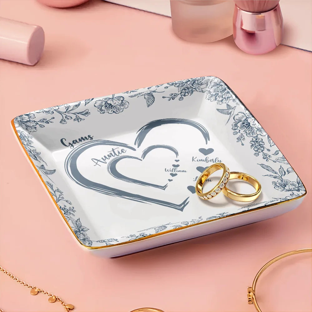 Gift For Grandma, Gift For Mother, Grandma - Grandkids, Happy - Mom Grandma Heart We Love You Toile De Jouy Pattern - Personalized Ring Dish