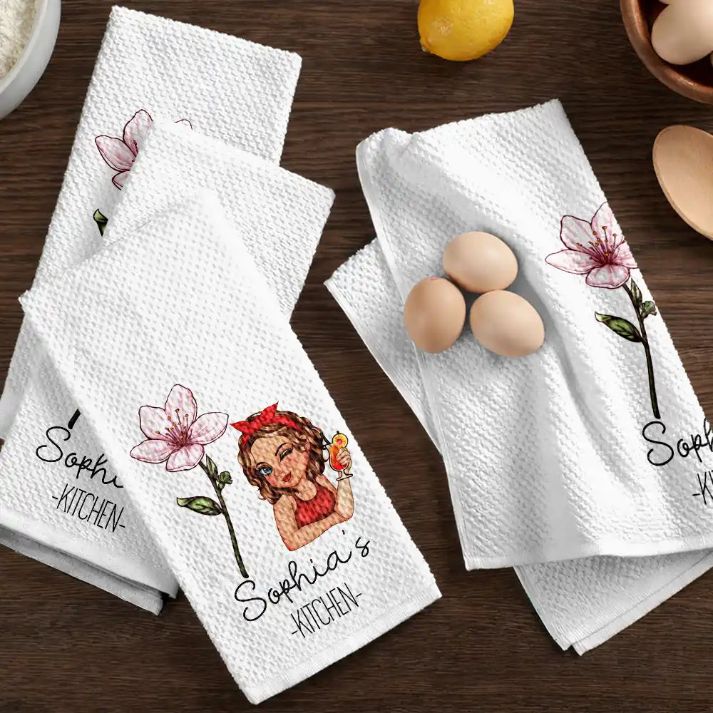 Gift For Wife,Gift For Yourself,Gift For Women,Gift For Mother,Gift For Aunt,Gift For Grandma,Happy,Cooking,Baking  - Mom Grandma Kitchen Birth Flower - Personalized Kitchen Towel