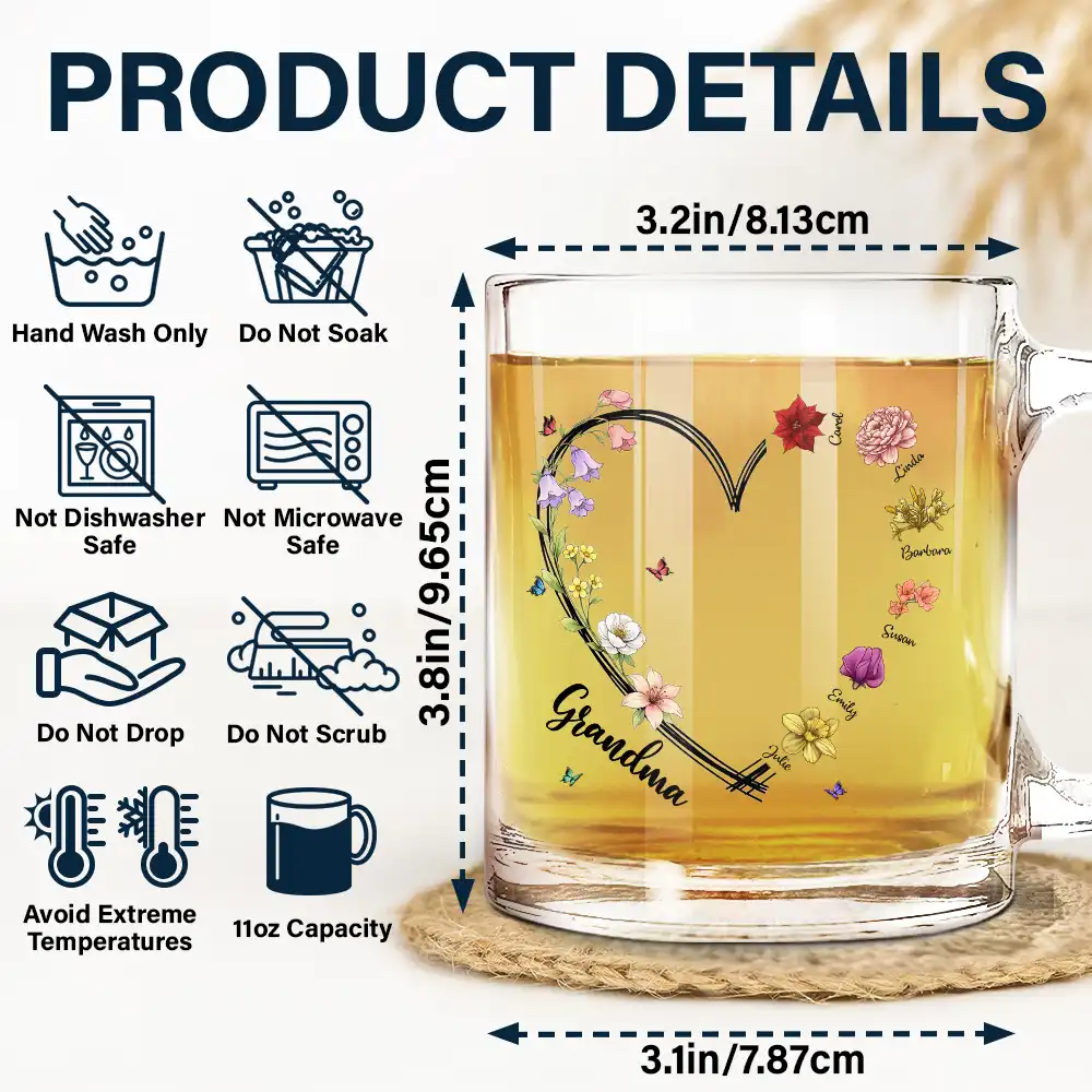 Gift For Mother, Grateful, Icon - Mom Grandma Sweetheart Birth Month Flower - Personalized Glass Mug