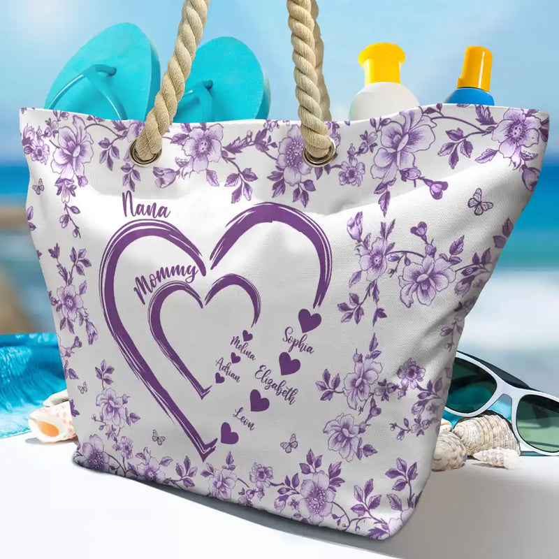 Gift For Wife,Gift For Mother,Gift For Grandma,Love,Family,Non-Eng,Icon - Mom Grandma Sweethearts Toile - Personalized Beach Bag