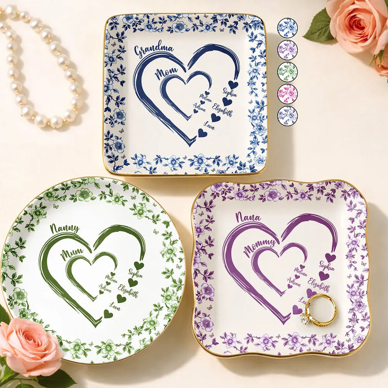 Gift For Wife,Gift For Mother,Gift For Grandma,Love - Mom Grandma Sweethearts Toile - Personalized Ring Dish
