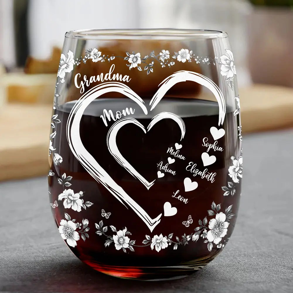 Gift For Wife,Gift For Mother,Gift For Grandma,Love,Family - Mom Grandma Sweethearts Toile - Personalized Stemless Wine Glass