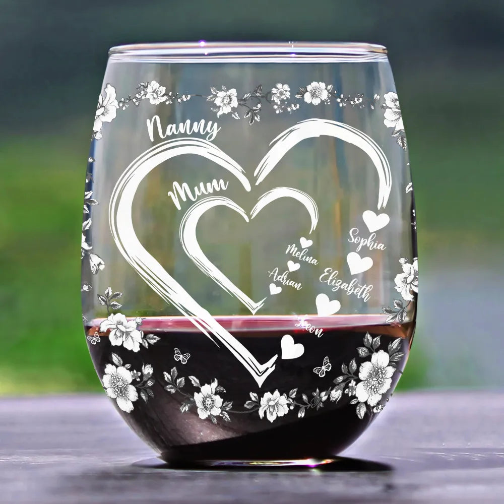 Gift For Wife,Gift For Mother,Gift For Grandma,Love,Family - Mom Grandma Sweethearts Toile - Personalized Stemless Wine Glass