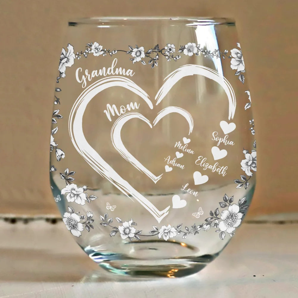 Gift For Wife,Gift For Mother,Gift For Grandma,Love,Family - Mom Grandma Sweethearts Toile - Personalized Stemless Wine Glass
