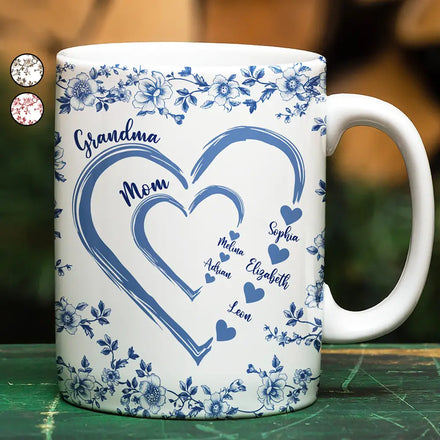 Mom Grandma Sweethearts Toile - Personalized White Edge-to-Edge Mug