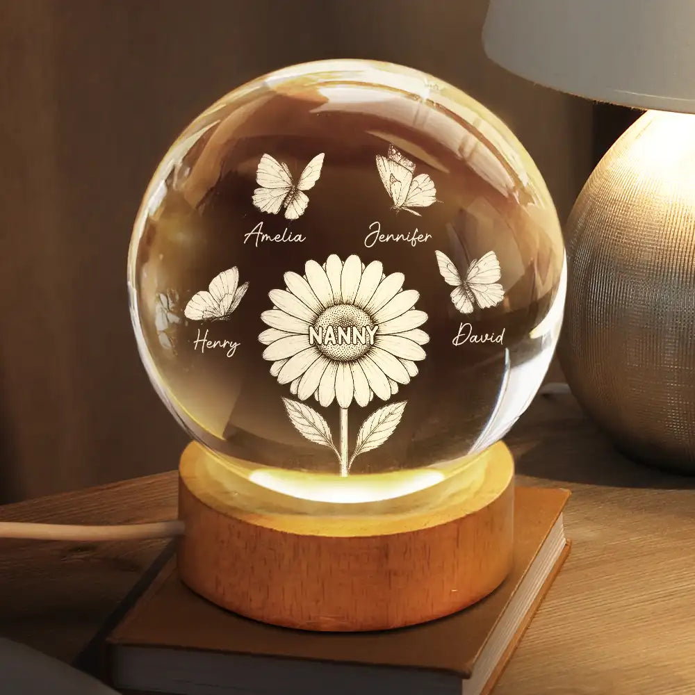 Happy,Love,Grandma - Grandkids,Mom - Children,Gift For Mother - Mom Grandma's Birth Flowers And Butterflies - Personalized Crystal Globe Lamp