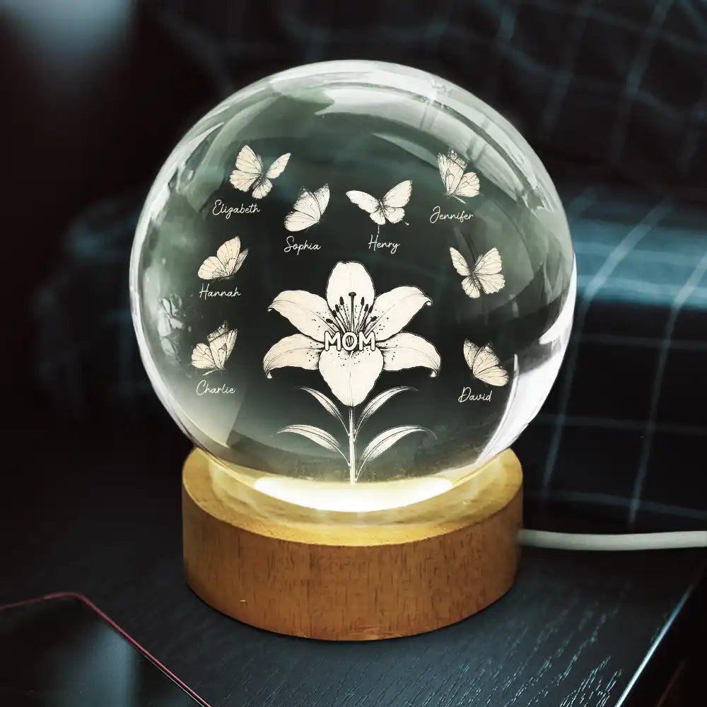 Happy,Love,Grandma - Grandkids,Mom - Children,Gift For Mother - Mom Grandma's Birth Flowers And Butterflies - Personalized Crystal Globe Lamp