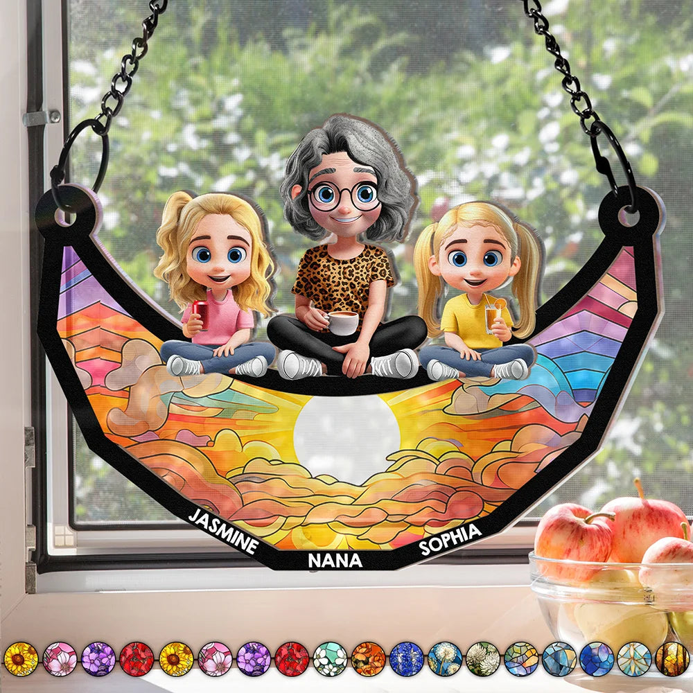 Mom Nana Sitting With Children On The Moon - Personalized Window Hanging Suncatcher Ornament