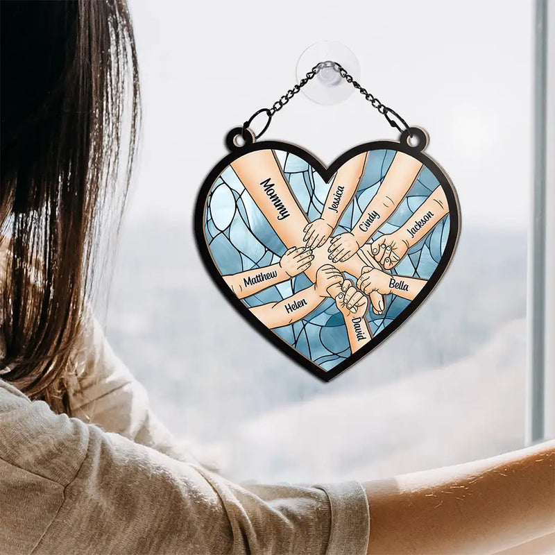 Gift For Grandma, Grandma - Grandkids, Gift For Mother, Happy - Mom Nana & Children Hands In Hands - Personalized Window Hanging Suncatcher Ornament