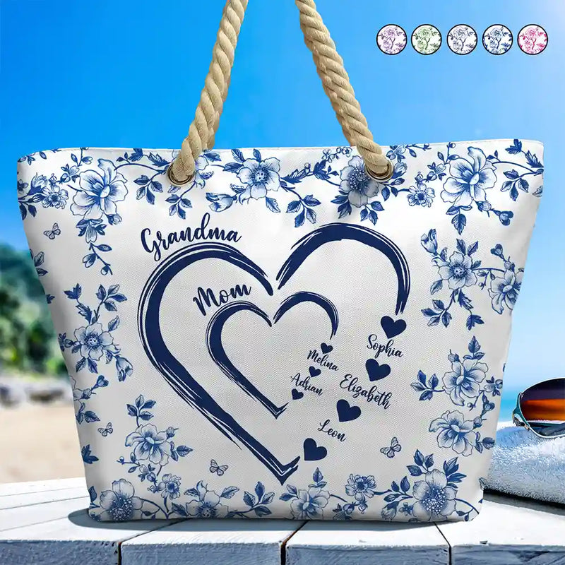 Gift For Wife,Gift For Mother,Gift For Grandma,Love,Family,Non-Eng,Icon - Mom Grandma Sweethearts Toile - Personalized Beach Bag