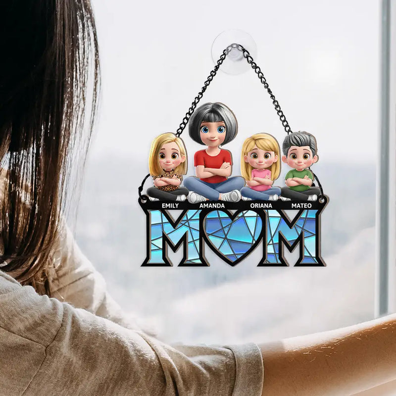 Gift For Mother, Mom - Children, Happy - Mom & Kids We Love You 3D Version Sitting - Personalized Window Hanging Suncatcher Ornament