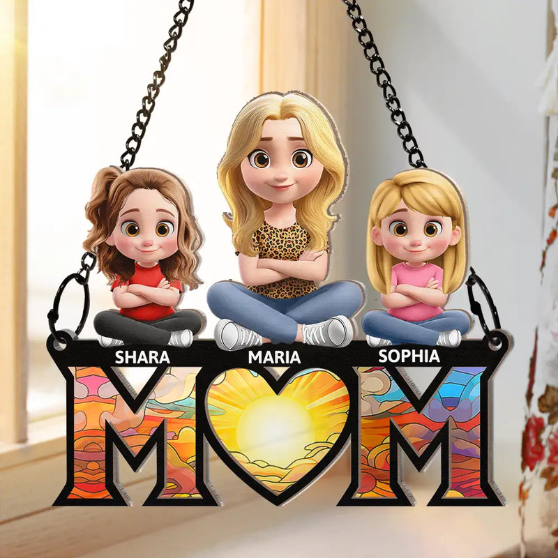 Gift For Mother, Mom - Children, Happy - Mom & Kids We Love You 3D Version Sitting - Personalized Window Hanging Suncatcher Ornament
