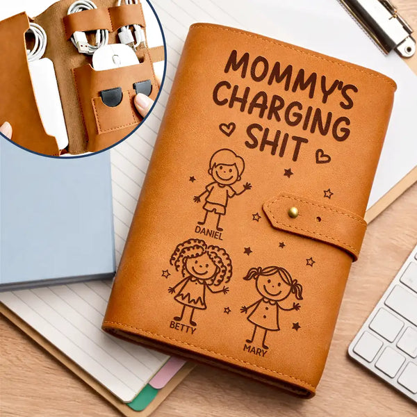 Gift For Kids,Grandma - Grandkids,Gift For Grandkids,Dad - Children,Mom - Children,Easter,Happy - Mommy's Daddy's Charging Sh*t - Personalized Leather Cable Bag