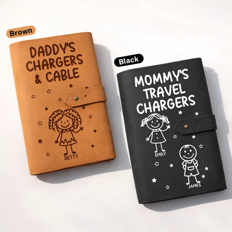 Gift For Kids,Grandma - Grandkids,Gift For Grandkids,Dad - Children,Mom - Children,Easter,Happy - Mommy's Daddy's Charging Sh*t - Personalized Leather Cable Bag