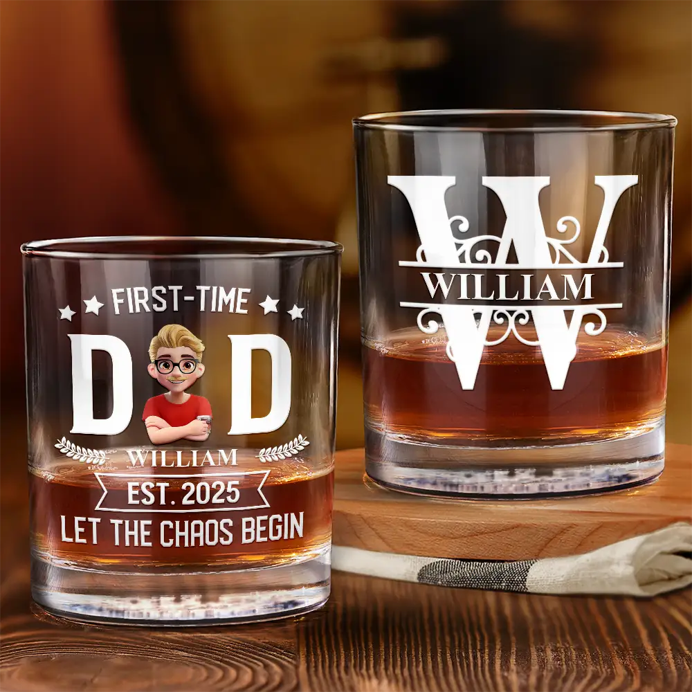 Gift For Husband, Gift For Yourself, Gift For Father, New Dad, New baby, Happy, Funny - Monogram First Time Dad Est - Personalized Whiskey Glass