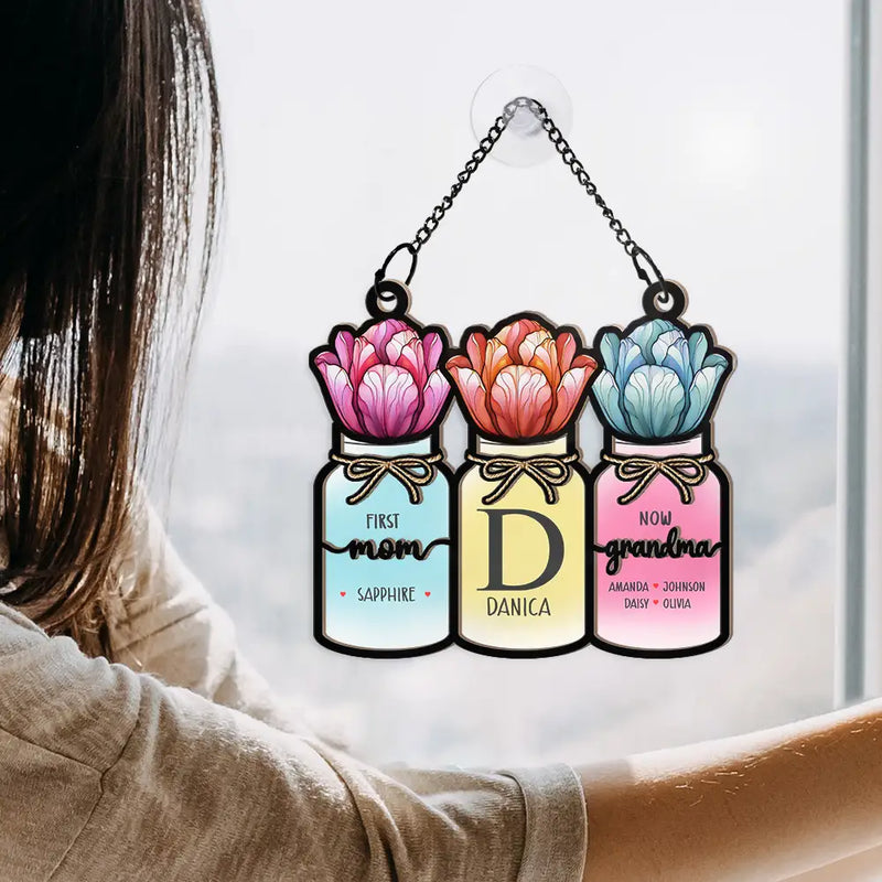 Gift For Mother,Gift For Grandma,Love - Monogram Flower Jar First Mom Now Grandma - Personalized Window Hanging Suncatcher Ornament