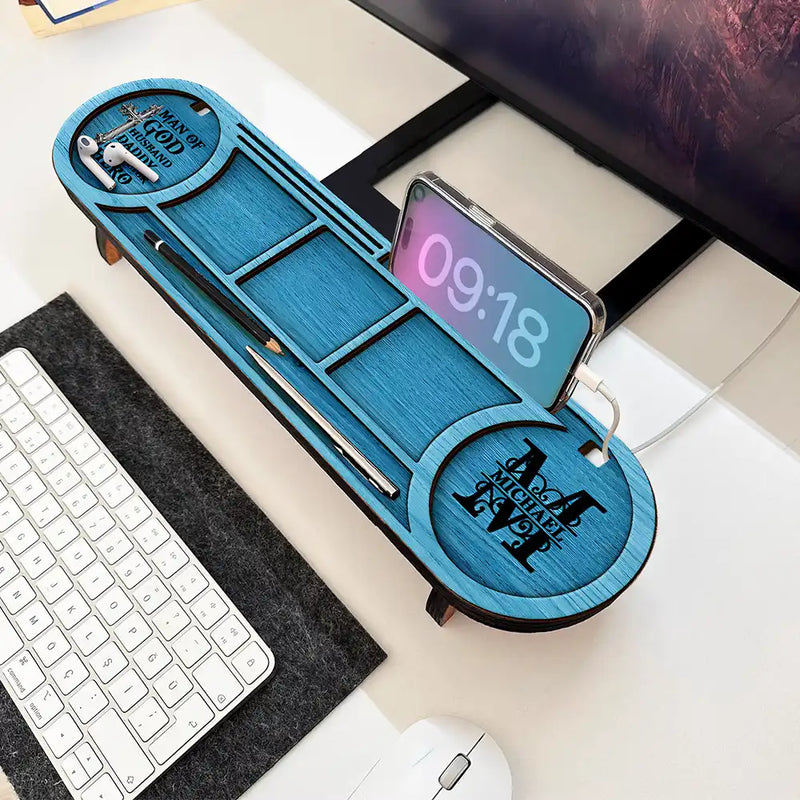 Gift For Men,Gift For Father,Gift For Husband,Gift For Couples,Gift For Boyfriend,Christian,Non-Eng,Icon,Monogram,Devoted - Monogram Initial Man Of God Husband Daddy Protector Hero - Personalized Desk Organizer