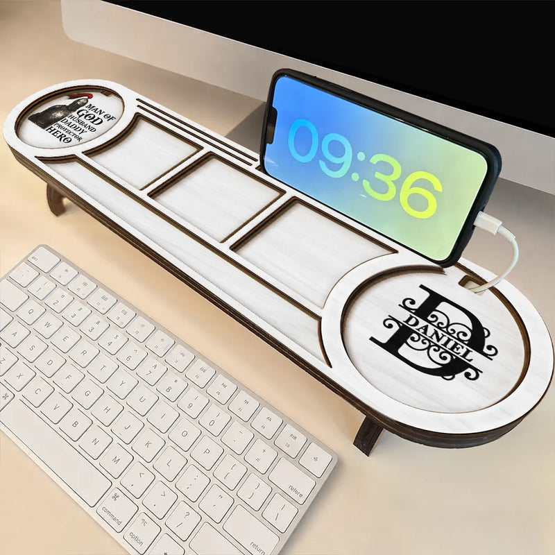 Gift For Men,Gift For Father,Gift For Husband,Gift For Couples,Gift For Boyfriend,Christian,Non-Eng,Icon,Monogram,Devoted - Monogram Initial Man Of God Husband Daddy Protector Hero - Personalized Desk Organizer