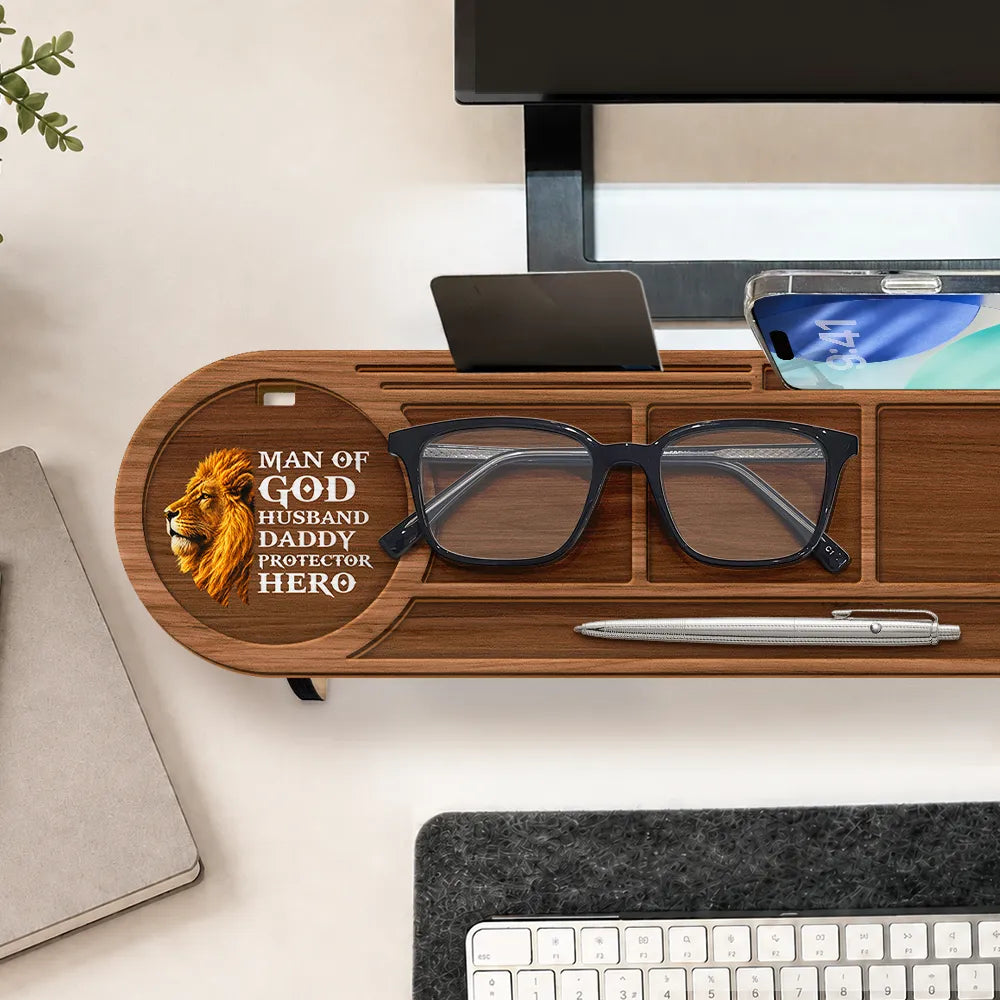 Gift For Men,Gift For Father,Gift For Husband,Gift For Couples,Gift For Boyfriend,Christian,Non-Eng,Icon,Monogram,Devoted - Monogram Initial Man Of God Husband Daddy Protector Hero - Personalized Desk Organizer