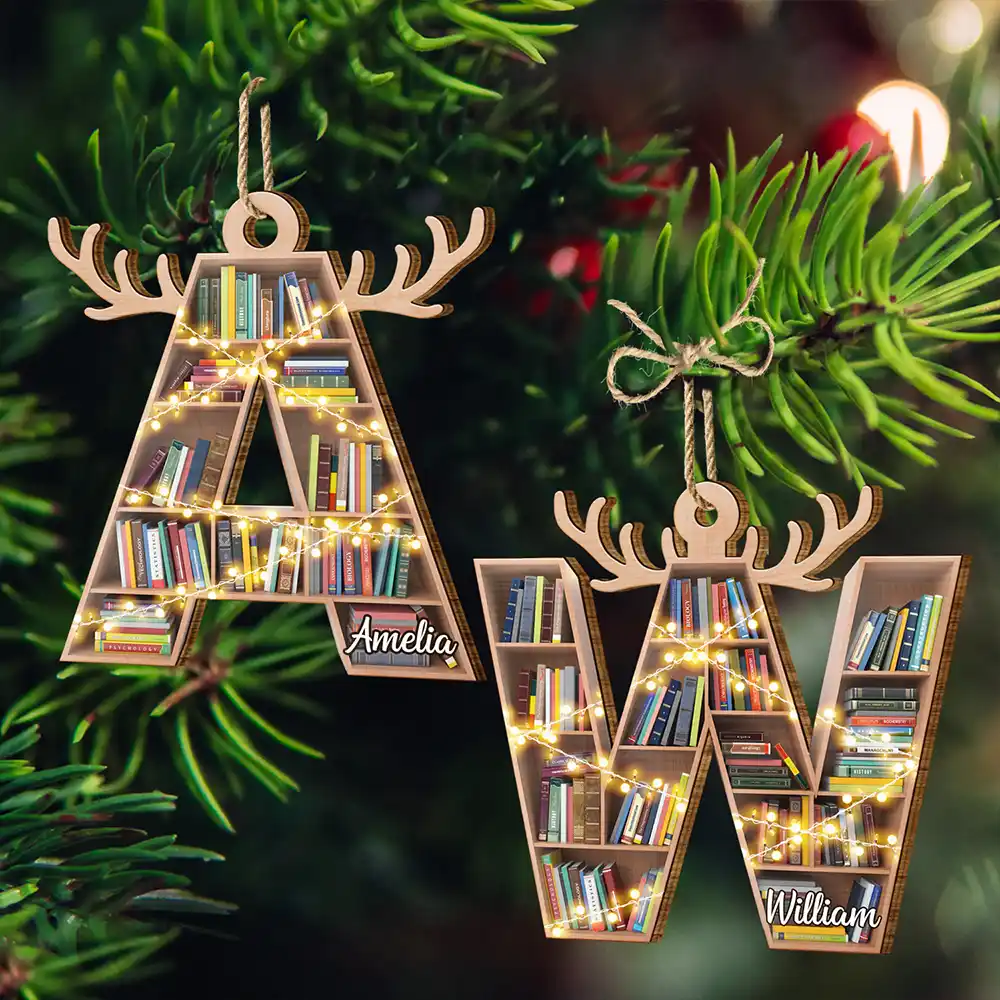 Christmas,Reading,Gift For Yourself,Happy - Monogram Letter Bookish Keepsake - Personalized Custom Shaped Wooden Ornament