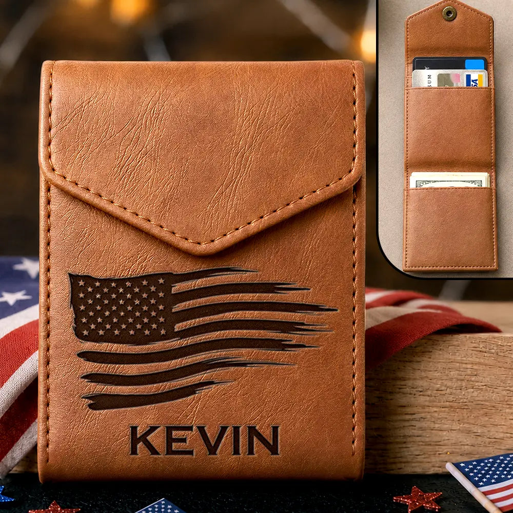 Gift For Father, Independence Day, Confident, Icon - Monogram Name Initial - Personalized Leather Slim Wallet