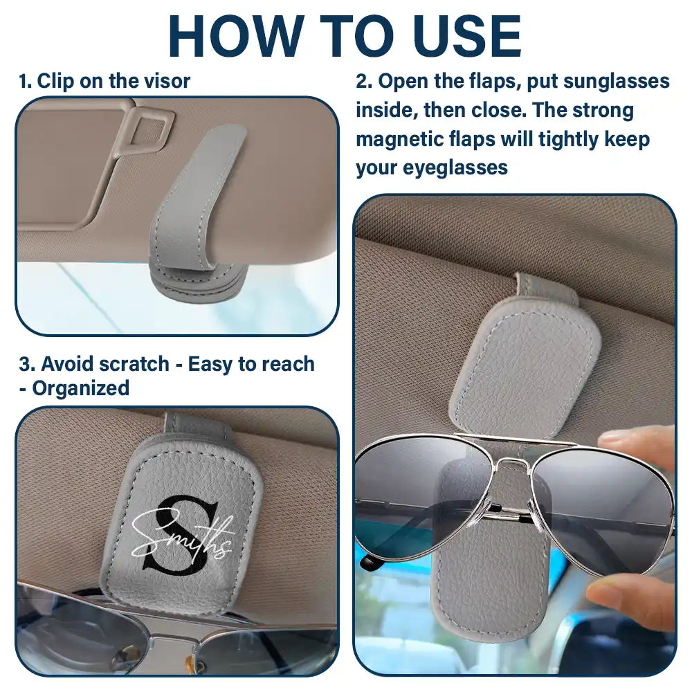 Gift For Father,Gift For Men,Happ - Monogram Name Letter - Personalized Sunglasses Holder For Car Visor