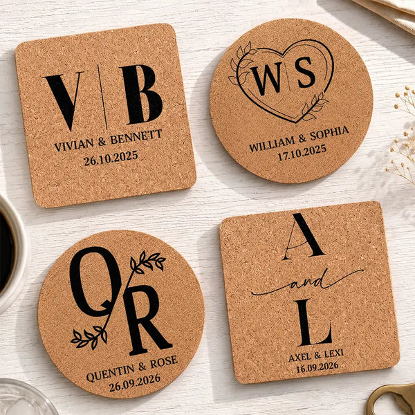 Romantic,Gift For Couples,Wedding,Monogram - Monogram Wedding Couple Name - Personalized Cork Coaster