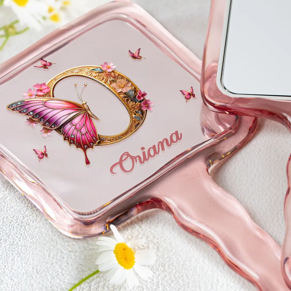 Gift For Yourself,Gift For Women,Happy,Gift For Daughter,Gift For Bestie,Gift For Sisters - Monogrammed Alphabet Butterfly - Personalized Handheld Mirror
