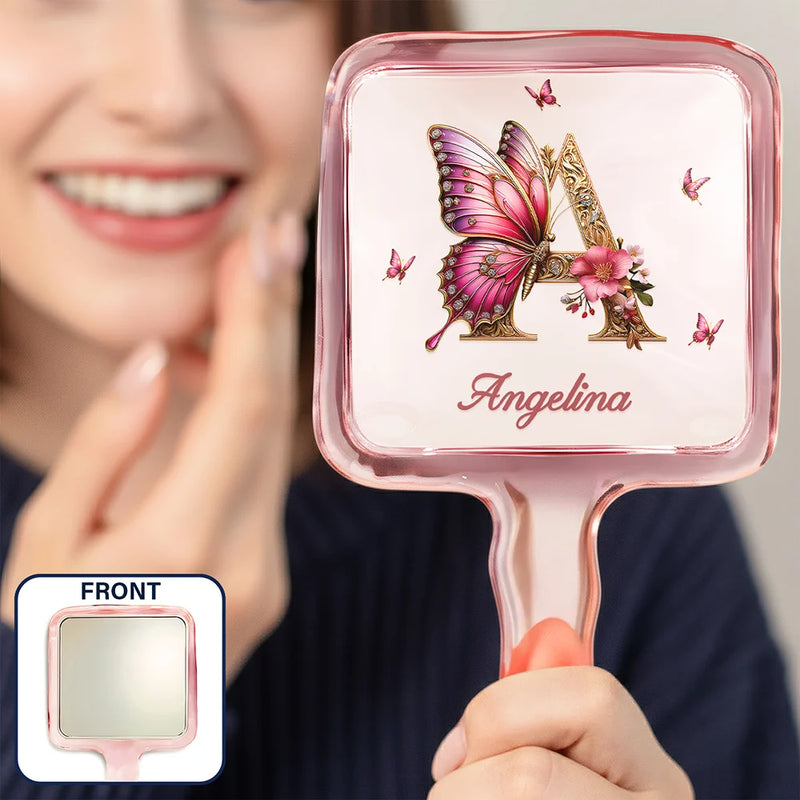 Gift For Yourself,Gift For Women,Happy,Gift For Daughter,Gift For Bestie,Gift For Sisters - Monogrammed Alphabet Butterfly - Personalized Handheld Mirror