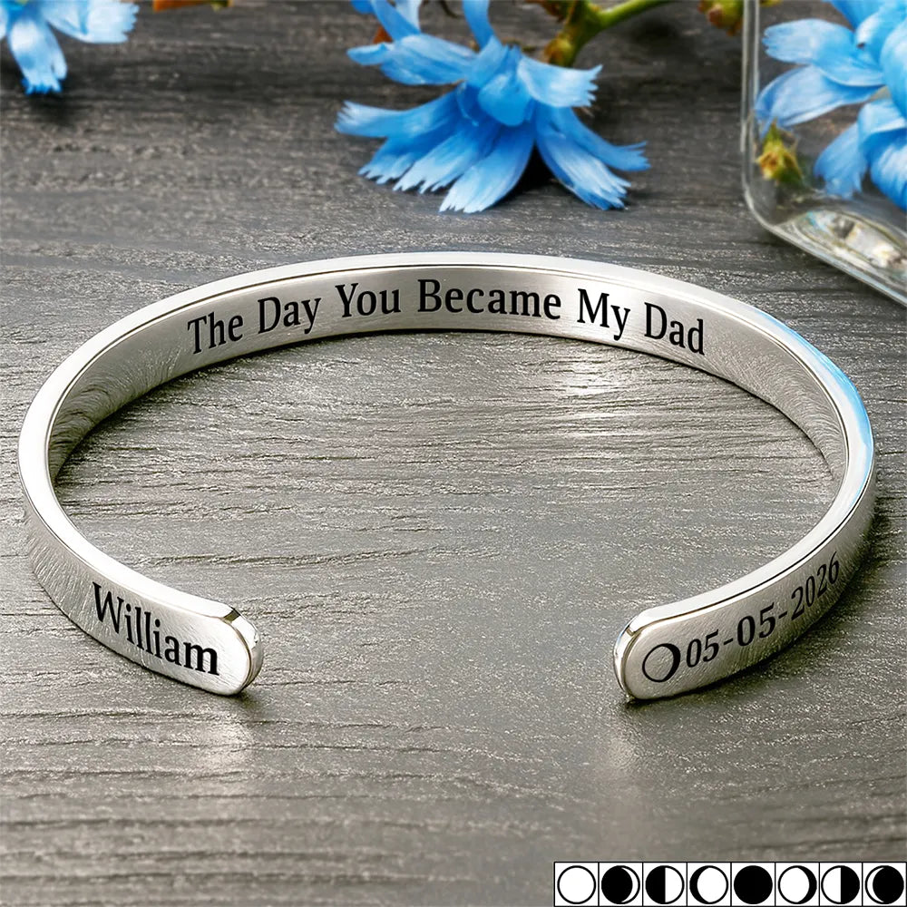 Moon Phase Icon The Day You Became My Dad Mom - Personalized Bangle Bracelet Cuff