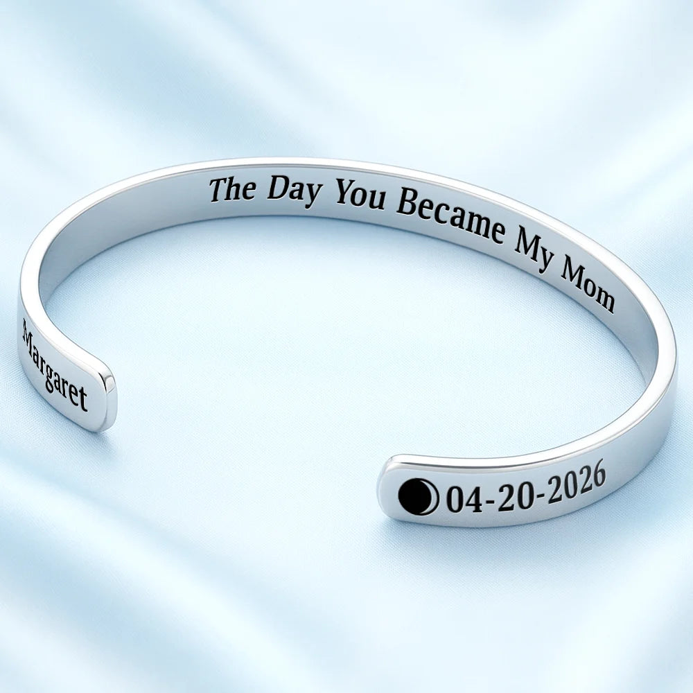 New Dad,New Mom,New baby,Gift For Father,Gift For Mother,Happy - Moon Phase Icon The Day You Became My Dad Mom - Personalized Bangle Bracelet Cuff