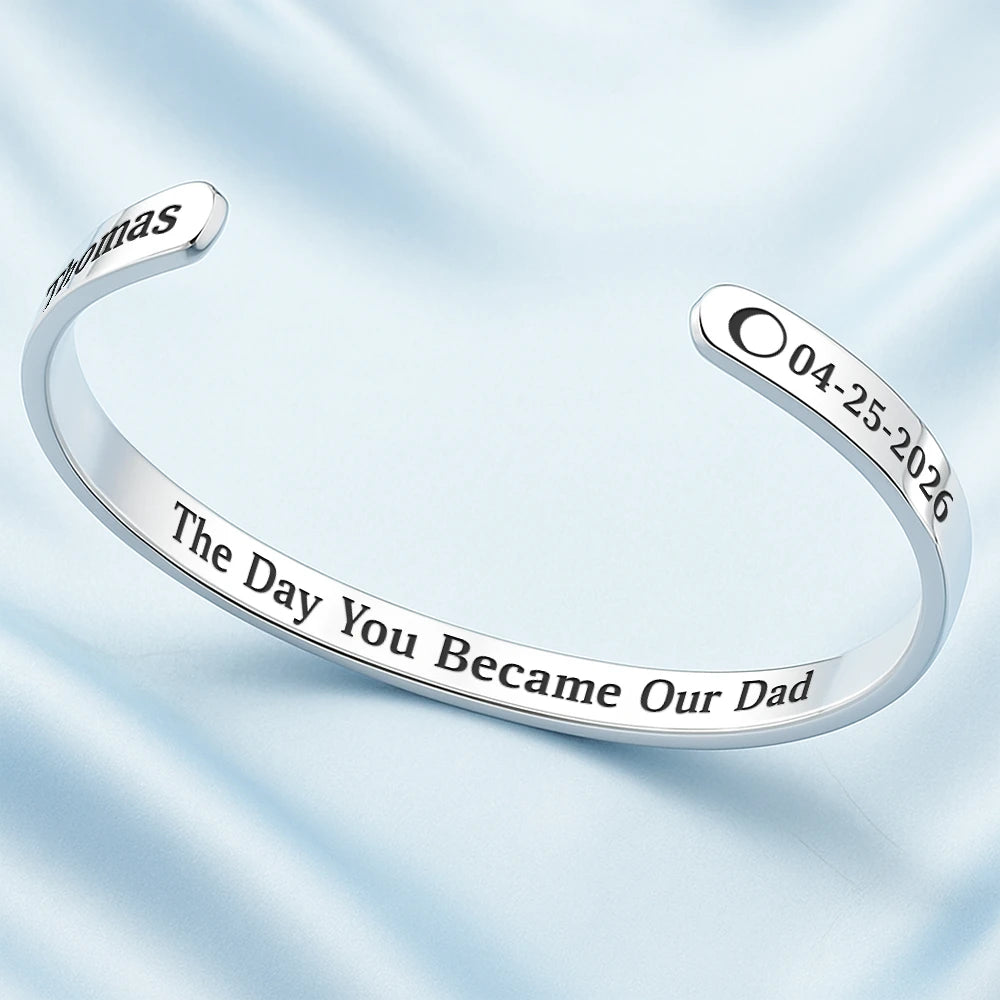 New Dad,New Mom,New baby,Gift For Father,Gift For Mother,Happy - Moon Phase Icon The Day You Became My Dad Mom - Personalized Bangle Bracelet Cuff