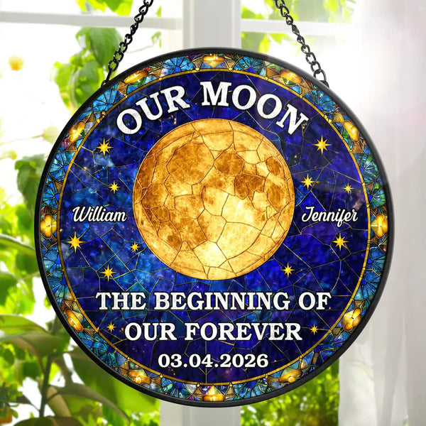 Gift For Couples,Gift For Husband,Gift For Wife,Gift For Boyfriend,Gift For Girlfriend,Parents,Gift For Mother,Gift For Father,Married ,Engaged,Love - Moon Phase The Beginning Of Our Forever - Personalized Stained Glass Window Hanging Suncatcher
