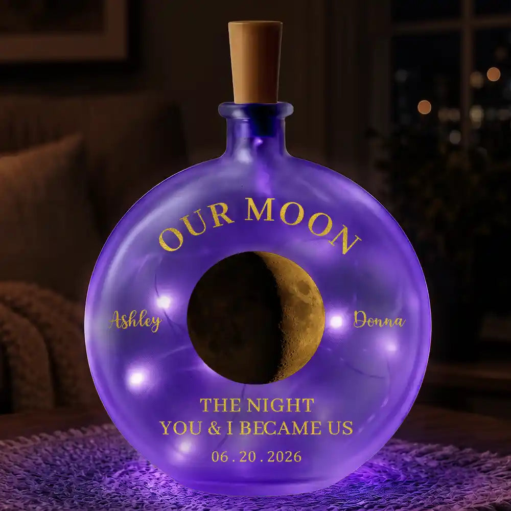 Anniversary,Christmas,Romantic,Gift For Couples,Moon Phase - Moon Phase The Beginning Of Our Forever Couple - Personalized Round Flat Bottle Light