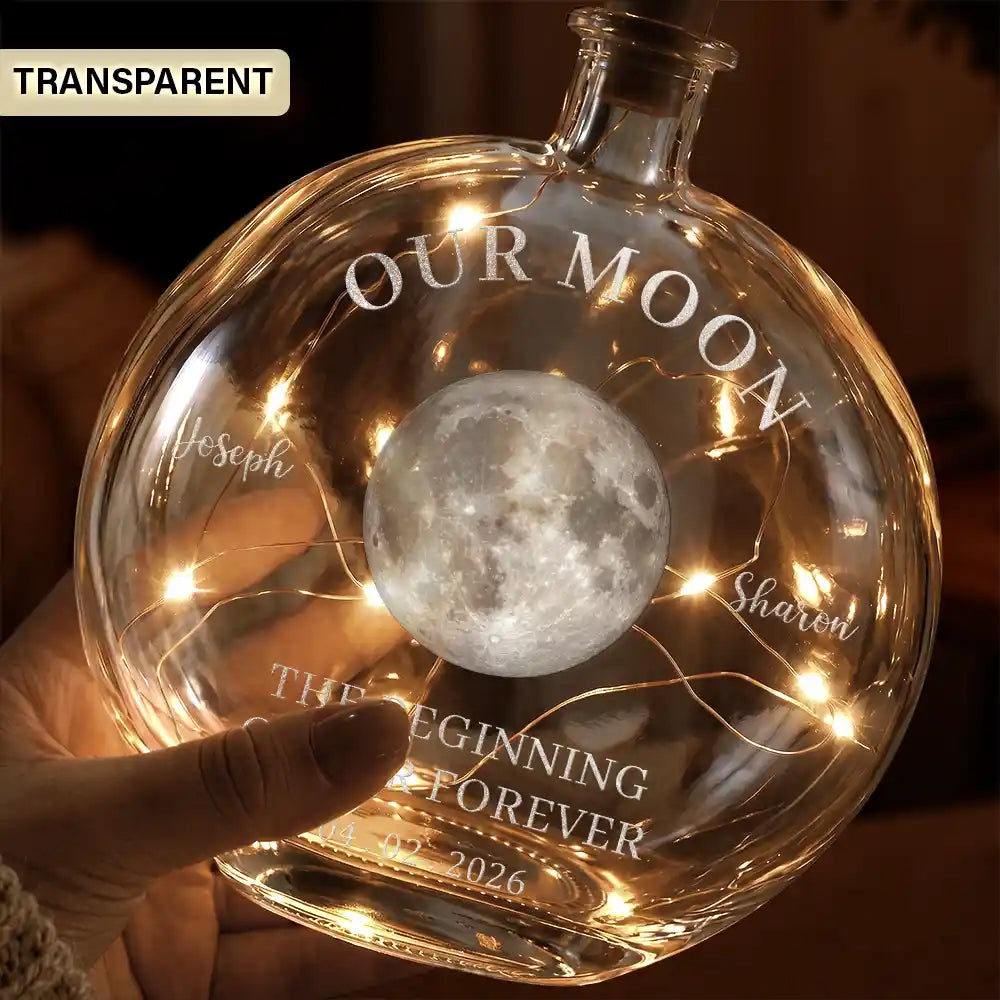Anniversary,Christmas,Romantic,Gift For Couples,Moon Phase - Moon Phase The Beginning Of Our Forever Couple - Personalized Round Flat Bottle Light