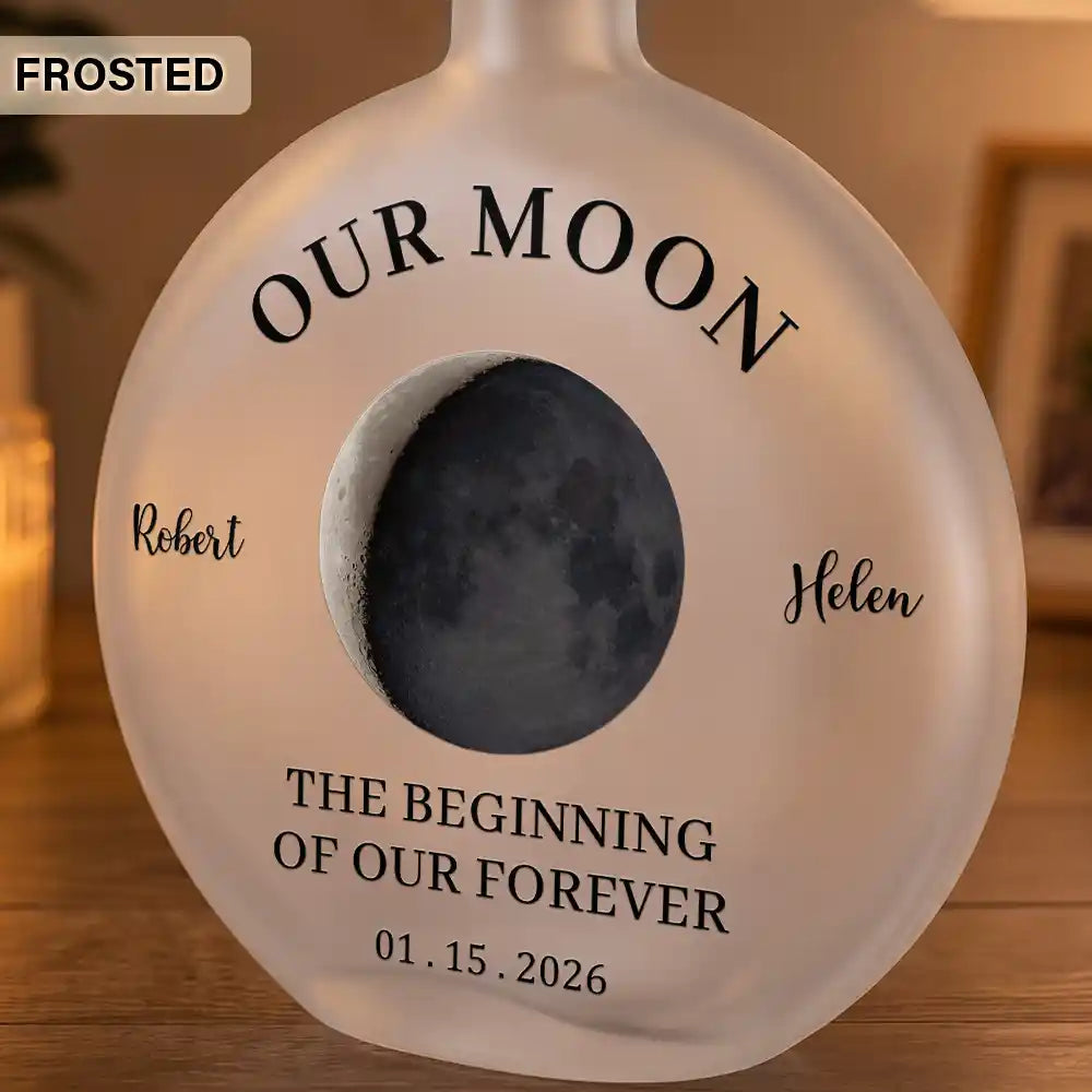 Anniversary,Christmas,Romantic,Gift For Couples,Moon Phase - Moon Phase The Beginning Of Our Forever Couple - Personalized Round Flat Bottle Light