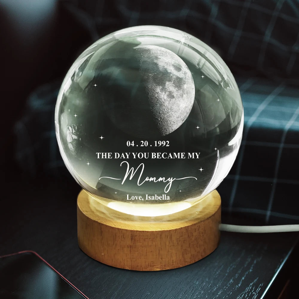 Gift For Father,Gift For Mother,Gift For Grandma,Gift For Grandpa,Love,Custom Photo - Moon Phase The Day You Became My Mommy Daddy - Personalized Crystal Globe Lamp