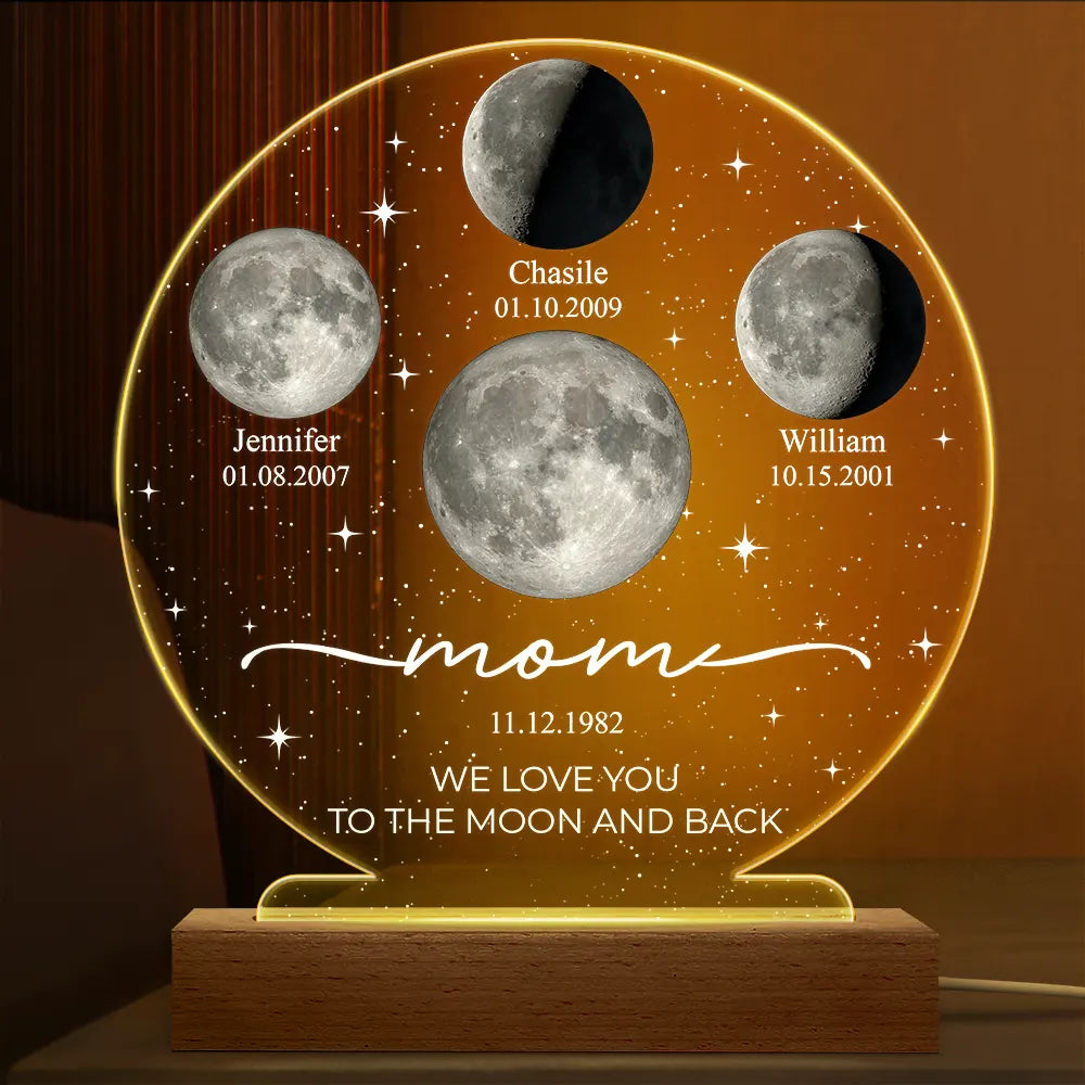 Moon Phase We Love You To The Moon And Back - Personalized 3D Led Light Wooden Base