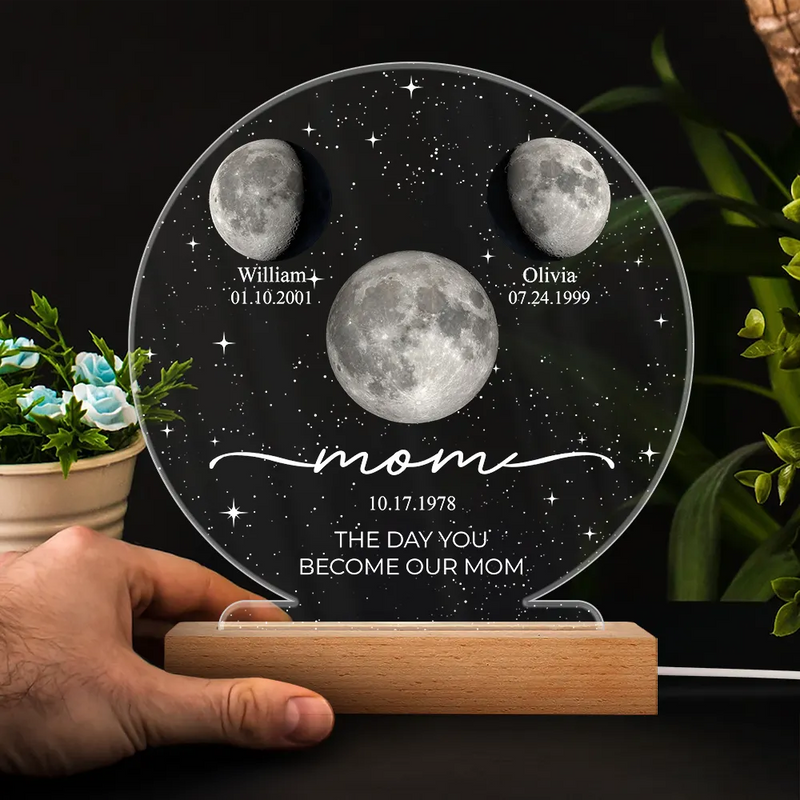 Mom - Daughters (Adult),Gift For Daughter,Love - Moon Phase We Love You To The Moon And Back - Personalized 3D Led Light Wooden Base