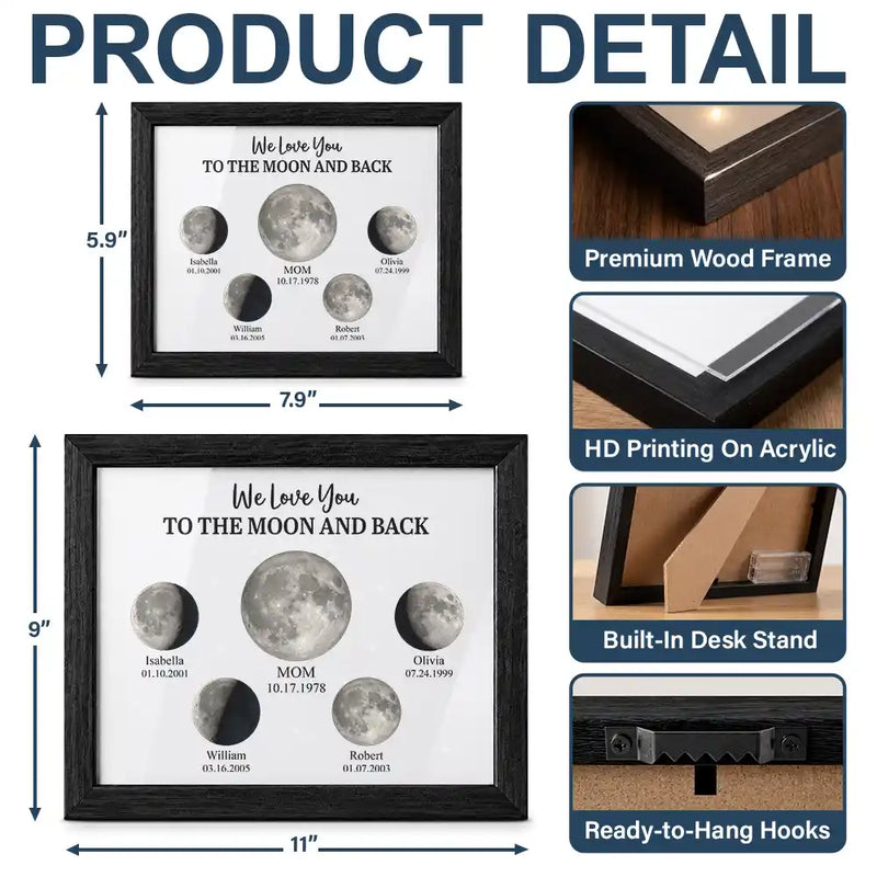 Grateful,Gift For Mother,Moon Phase - Moon Phase We Love You To The Moon And Back - Personalized LED Light Shadow Box